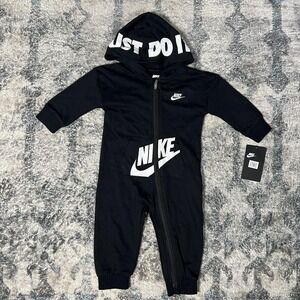 Nike Romper Baby 12M Black Hooded Just Do It Logo Zip One Piece Jumpsuit